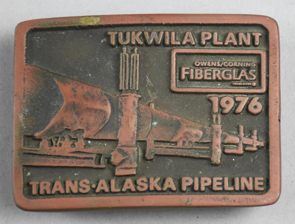 1976 Trans Alaska Pipeline, Owens Corning Belt Buckle: Cool belt buckle made by Anacortes Brass Works recognizing Owens Corning Fiberglas, Tukwila and the Trans Alaska Pipeline.