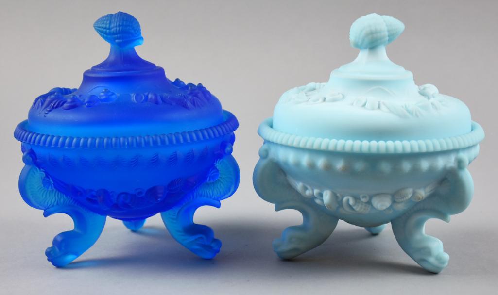 2 Westmorland Glass Argonaut Shell Candy Dishes: Both of these pretty pieces are from the Westmoreland Argonaut Shell line. Colors are cobalt satin and blue milk satin. Each comes with the original lid and measure 6.5" tall x 6" wide