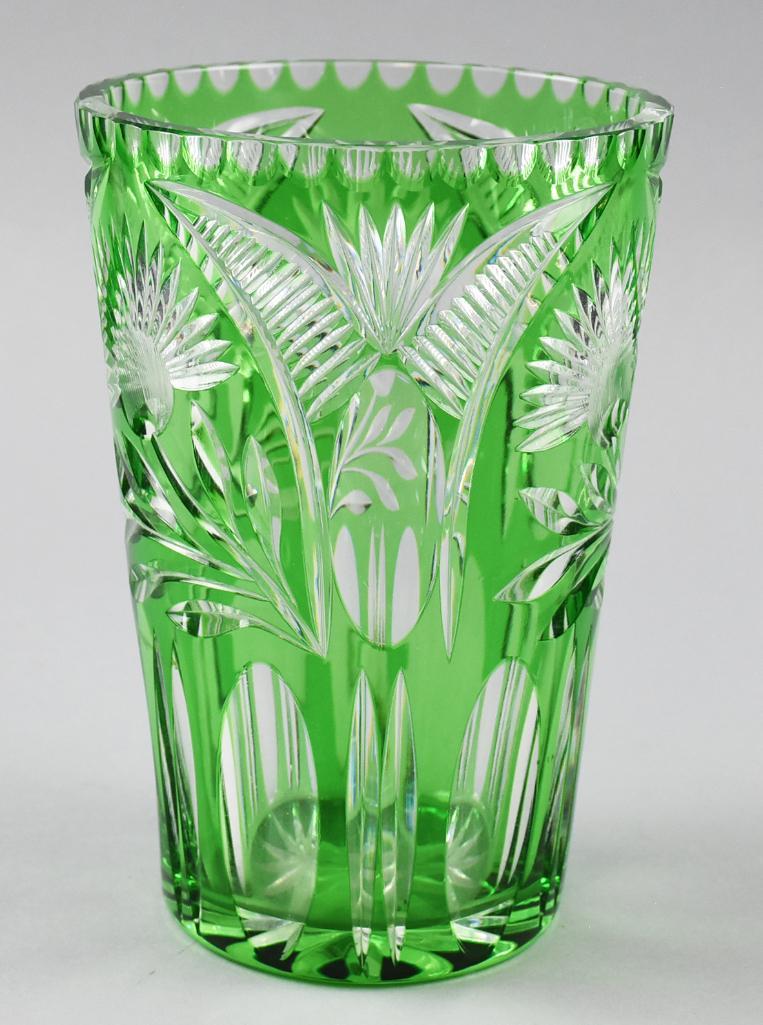 Vintage Bohemian Green Cut to Clear Crystal Vase (1 of 5)