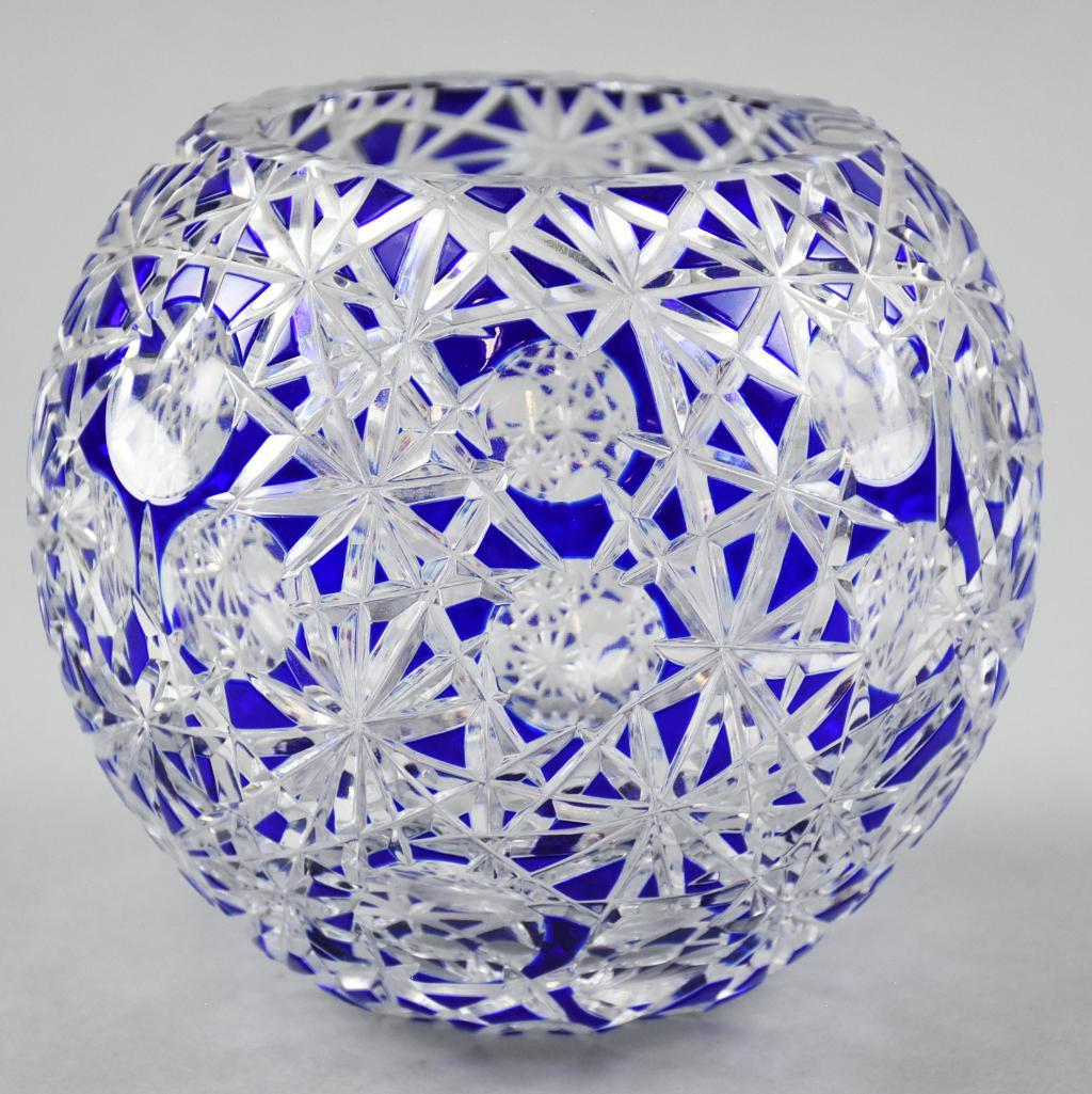 Vintage Bohemian Cobalt Cut to Clear Crystal Globe Vase: This beautiful Bohemian cut to clear globe or rose bowl in cobalt with thousand eye. No visible maker and measures 6" tall x 7" wide