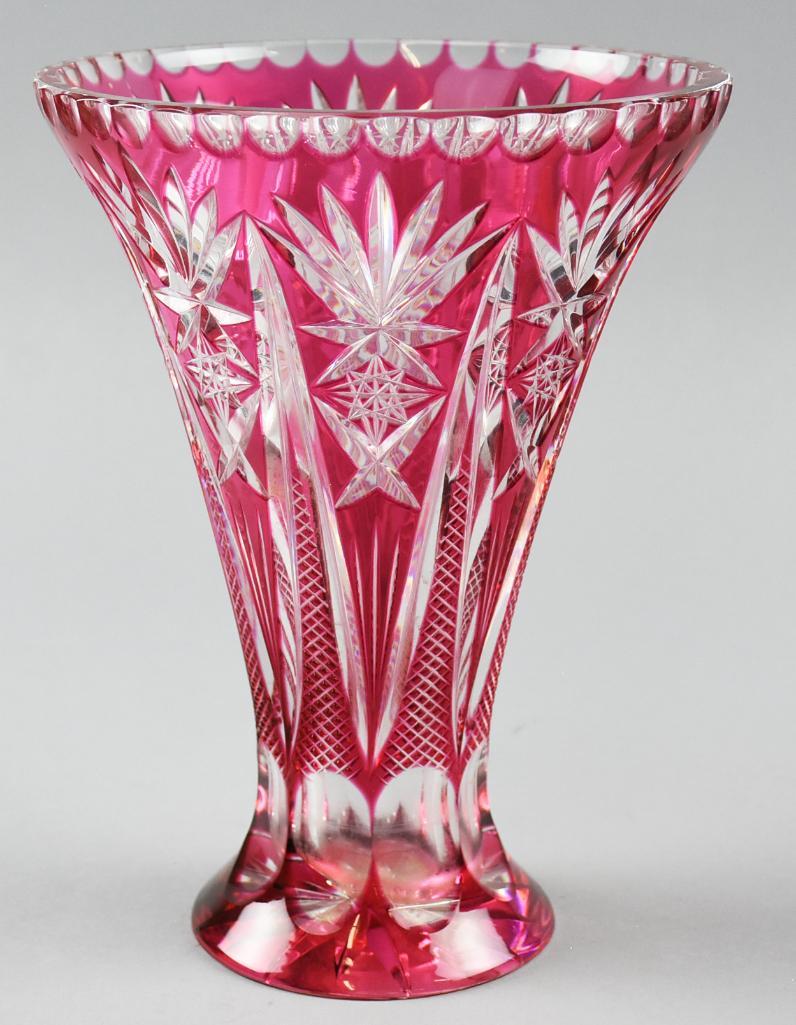 Vintage Bohemian Cranberry Cut to Clear Crystal Vase (1 of 6)