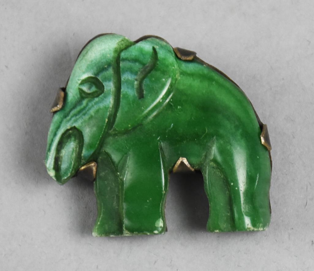 Vintage Mexico Sterling Carved Jade Elephant Brooch (1 of 3)