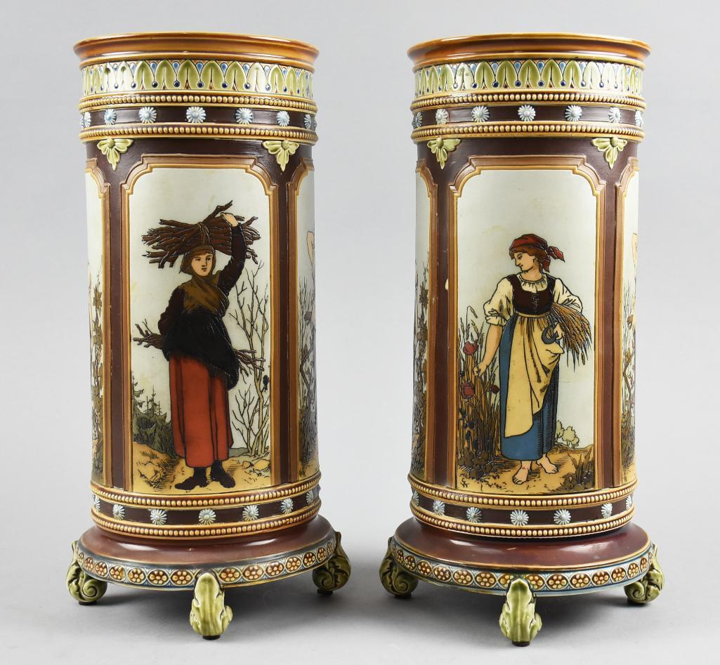 Rare C1900 Villeroy & Boch Mettlach Footed Vase Pair