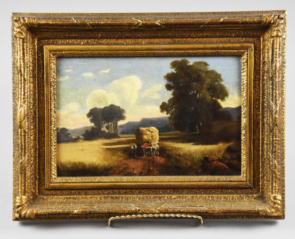 1857 Pastoral Landscape, Oxen with Cart, Signed, Museum: This is a beautiful antique painting on board in the style of Jules Dupre' or John Constable. This pastoral scene is a man with his oxen and a cart full of hay. It has an artist signature in the l