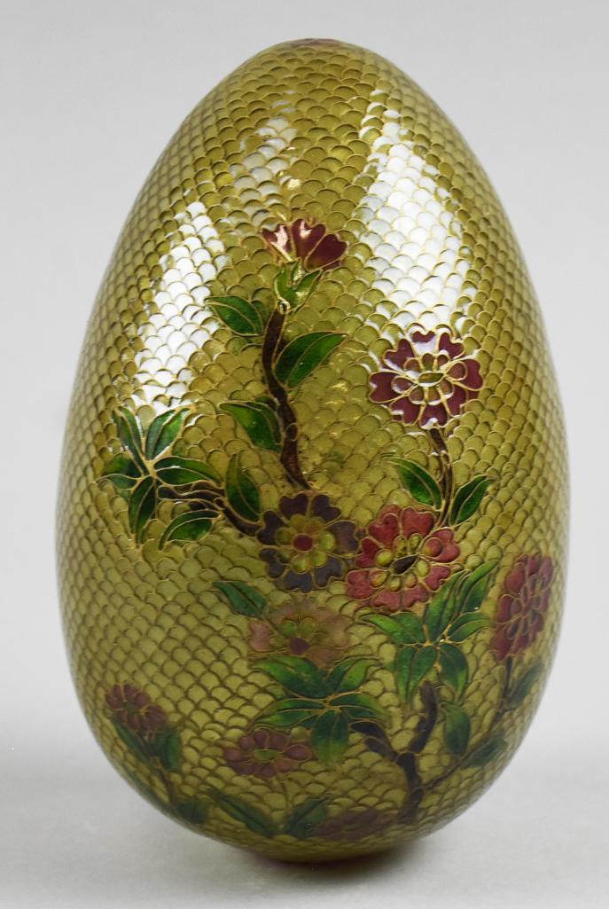 Antique Chinese Plique A Jour Egg: Beautiful glass egg with lovely Plique a jour details of flowers on an olive green background. Does come with stand. 8" tall with stand, 6" tall without.