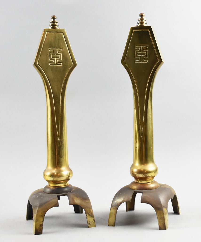 Vintage Chinese Brass Andirons: This is a beautiful pair of Chinese brass andirons. The subtle details make these elegant and will blend in with any decor. No visible maker mark.