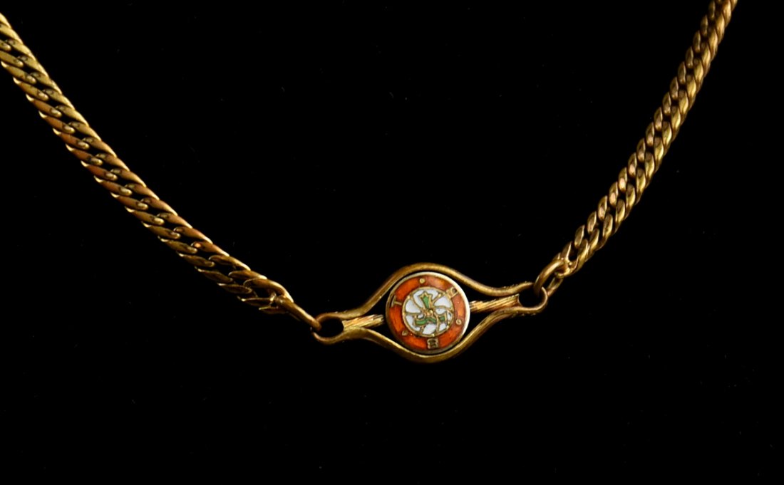 Antique Watch Chain with THB Charm: Beautiful antique watch chain with an enameled charm that has the letters THB, possibly meaning The Holy Bible. The maker's name is on the clasp.