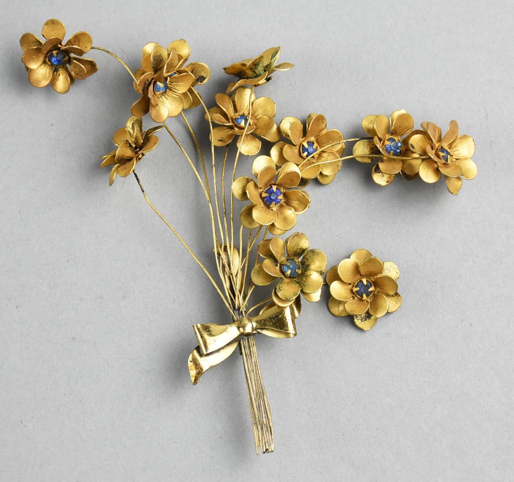 Vintage Sterling Flower Bouquet, Blue Rhinestones (1 of 4)