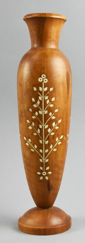 Vintage Turned Wood/Inlay Vase, Philippines: This cute vase was made in the Philippines with inlay of what appears to be bone or other natural materials. Stands 16" tall x 4" around