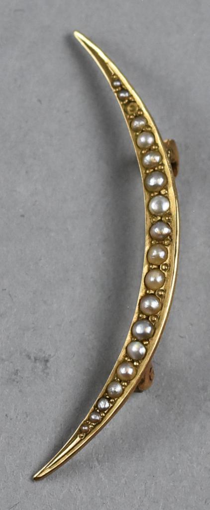 Antique 12K Gold, Seed Pearl Crescent Moon Brooch (1 of 5)