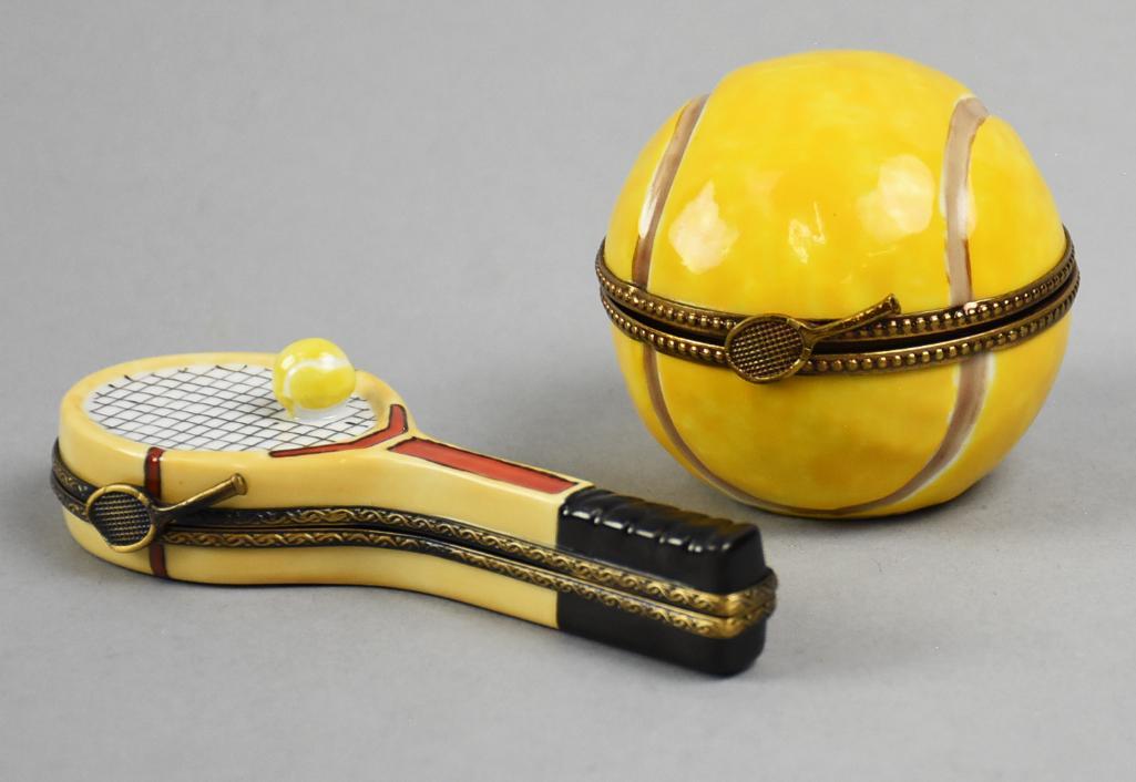 Limoges France Peint Main Tennis Trinket Boxes: These cute boxes are Limoges and are a tennis theme. The racket and ball has the artist initials of SE, the ball is Chamart with all information details hand painted on the bottom.