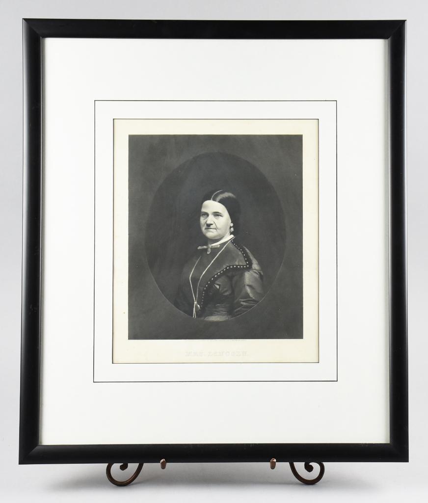 c1860 William Sartain Engraving Mrs. (Mary Todd): This beautiful engraving is of a former first lady Mary Todd Lincoln and is of the period. It was engraved by William Sartain (1843-1924) of Philadelphia. Framed measures 21" x 24", image size