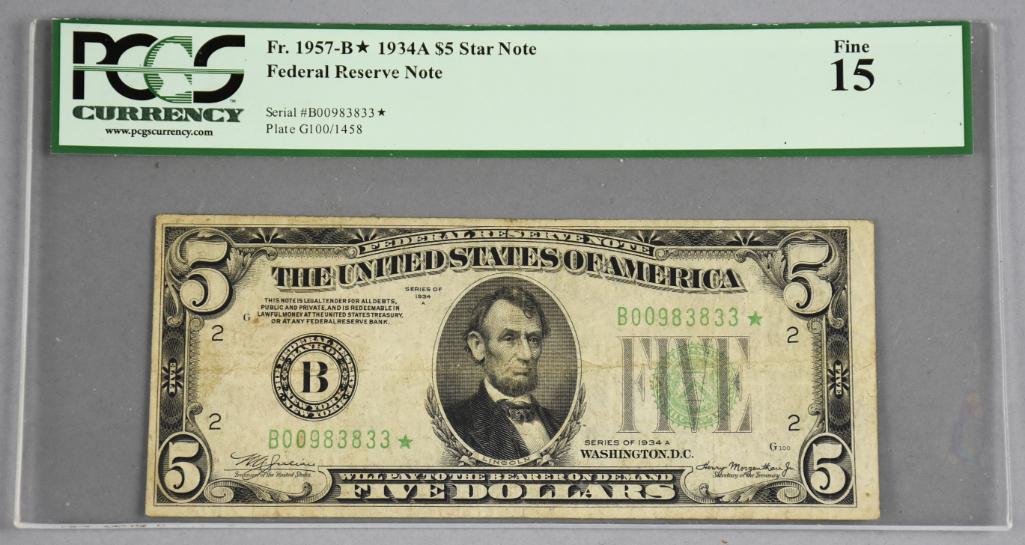 1934A $5 Fed Reserve Star Note, PPGS Fine 15 (1 of 2)
