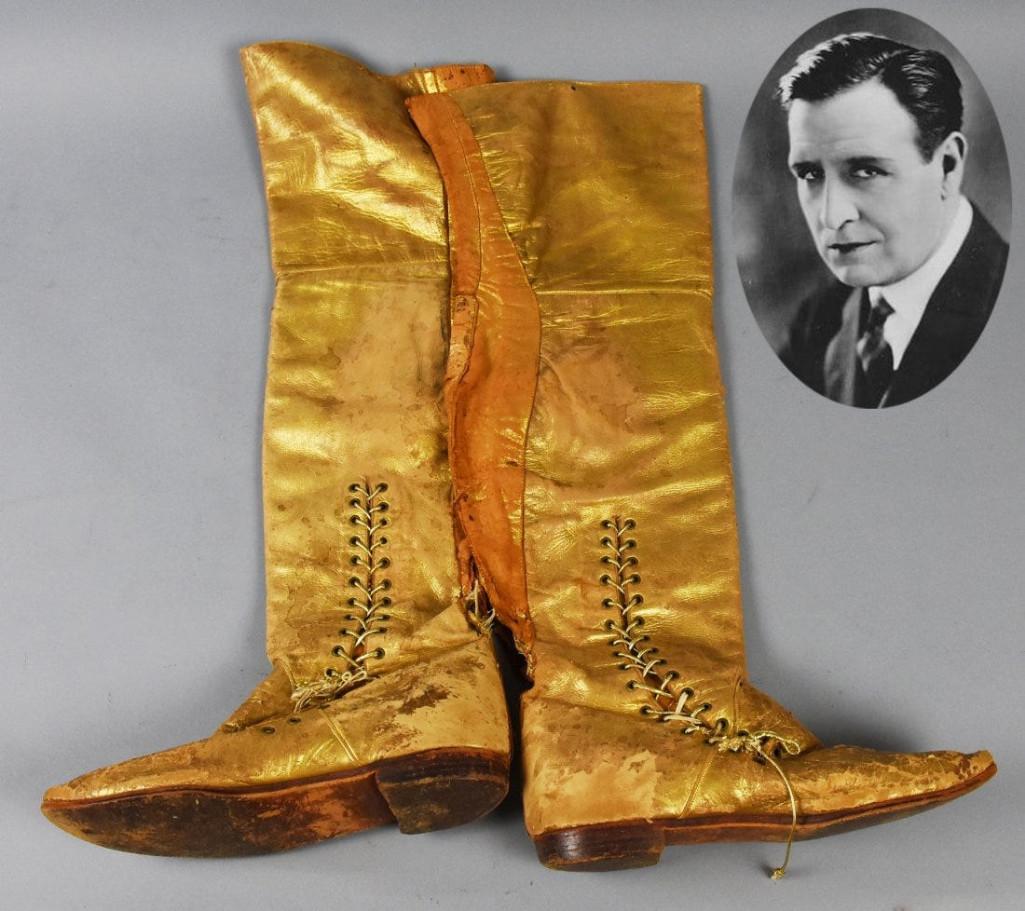 c1925 Conway Tearle Silent Film Star, MGM Boots: MGM and Conway Tearle Silent Film, Early With MGM marking with MGM markings. Gold Lame and Leather Boots with gold Lame laces. Solid leather heal. Measures from heal to top approx 25