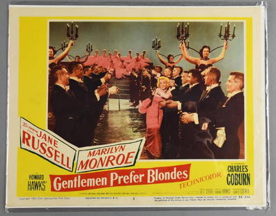 1953 Gentlemen Prefer Blondes Lobby Card,: This lobby card is for the movie starring Marilyn Monroe and Jane Russell "Gentlemen Prefer Blondes". It is "loose" in a protective sleeve with poster board for stability. Measures 11&