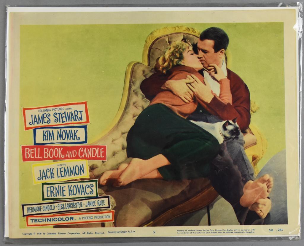 1958 Bell Book and Candle #5 Lobby Card, Stewart/Novak: Great looking lobby card for the movie "Bell Book and Candle" starring James Stewart and Kim Novak. It is "loose" in a protective sleeve with a piece of poster board for stability. Mea