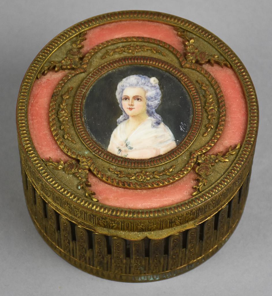 French Bronze, Hand Painted Portrait Powder Jar Signed (1 of 10)