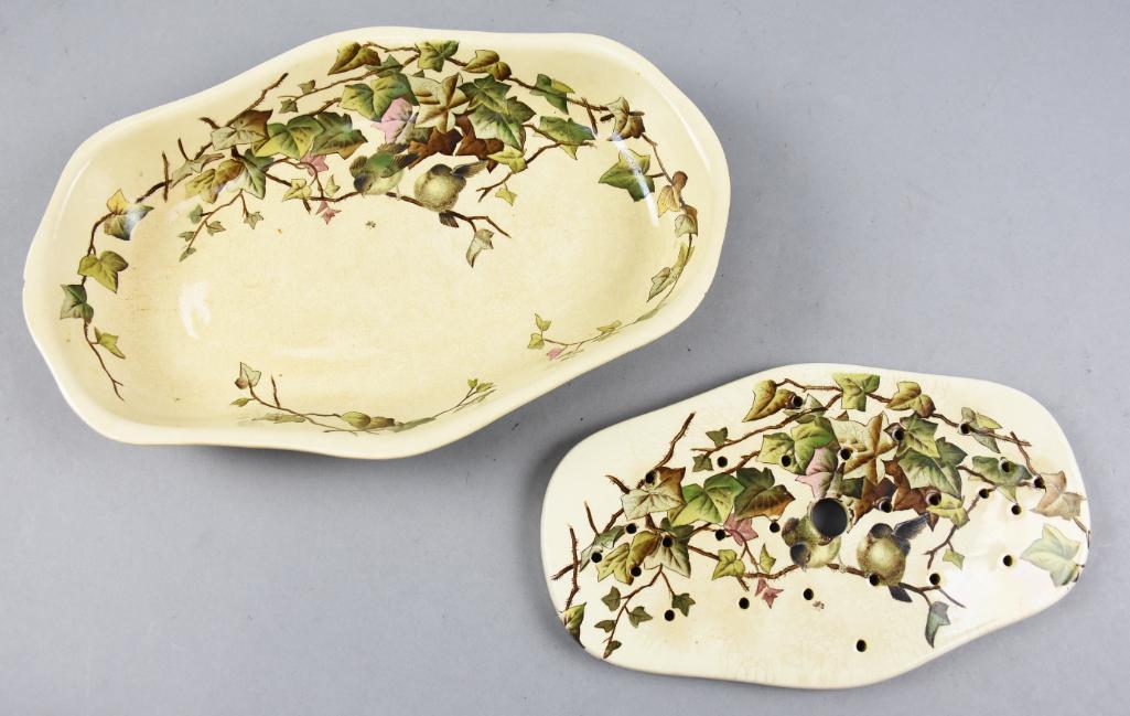 Sept 29, 1881 George Jones Ivy Bower Serving Piece: This is a rare piece by George Jones & Sons who operated from 1861-1957. This transfer pattern is called Ivy Bower and features birds in leafy branches. The outer dish is a basket weave and the bo