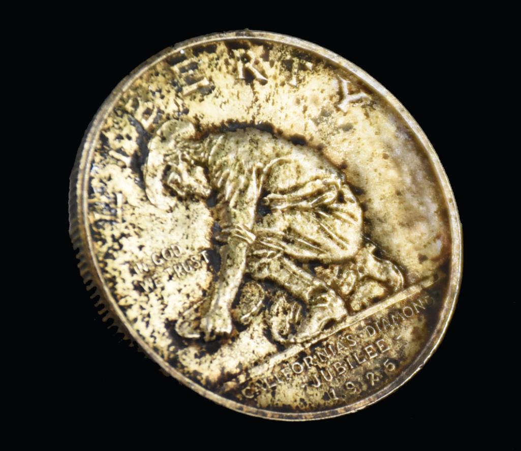 1925 California Diamond Jubilee Half Dollar: Nice half dollar commemorating the 75th anniversary of California statehood. Obverse features a prospector panning for gold, reverse features the Grizzly, an adaptation of the state flag.