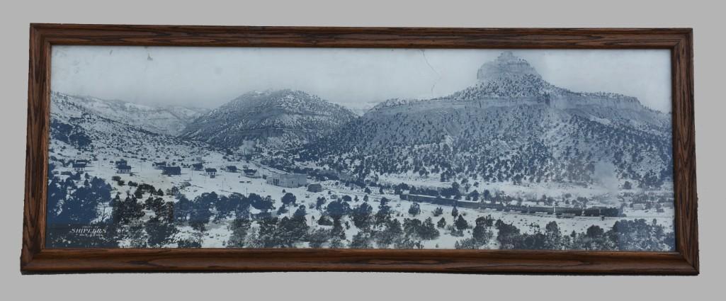 Vintage Shiplers Western Views Panoramic Photo: This is a beautiful photograph by Shiplers in Salt Lake City. Photo is a panoramic view of what appears to be a town in the winter with the train rolling through. Identified in lower left. James Shipl