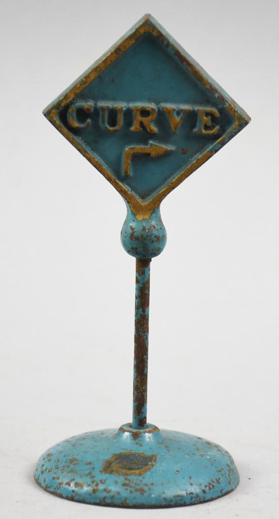 Rare Arcade Cast Iron Blue Curve Sign, Original Label (1 of 4)