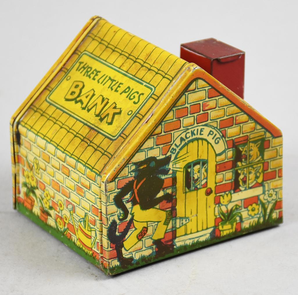 c1930 J. Chien Three Little Pigs Tin Bank w/ Key (1 of 4)
