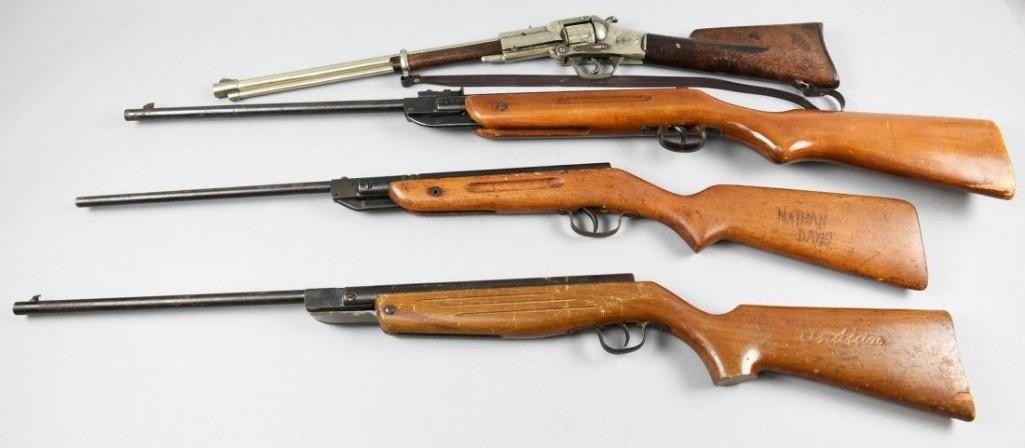 Vintage BB & Cap Rifles, Coibel, Shanghai, More: This is a neat lot of four toy BB air rifles all from c1960. The Coibel long barrel pistol is a cap gun that opens and at the barrel and measures approx 29" long with original strap. The Slavia ha