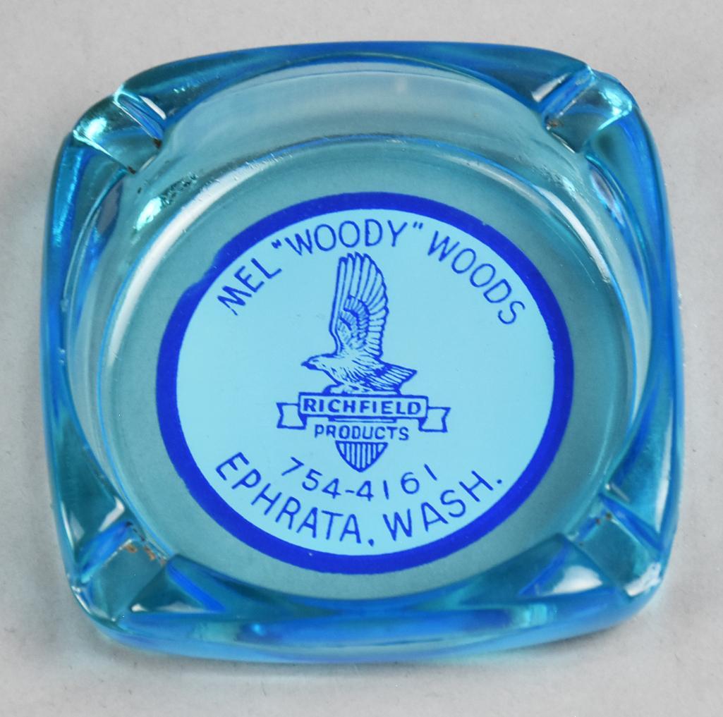 Vintage Richfields Products Advertising Ashtray: Richfields was in operation from 1905-1966 and had random businesses in the US. This location is shown on the ashtray for Mel "Woody" Woods in Ephrata Washington. Measures 3.25" x 3.25"