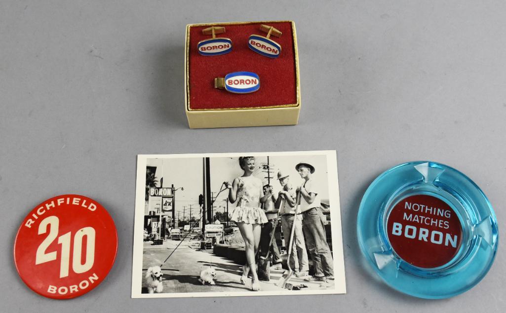 Vintage Richfield Oil Corp Richfield Boron Collectibles: Variety lot of Richfield Boron collectibles including a men's necktie set, 210 pinback, a blue ashtray and for kicks, a 1988 postcard reprint with Boron in the background.