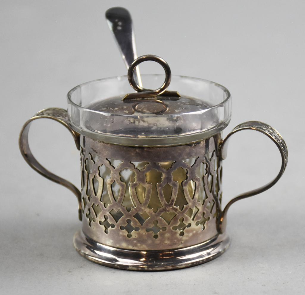 Antique Pairpoint Sheffield USA Mustard Pot: This is a great mustard pot made by Pairpoint Sheffield and Made in USA. Comes with an EPNS spoon from England and the original glass liner. Stands approx 2.5" tall x 4" wide (with handles)