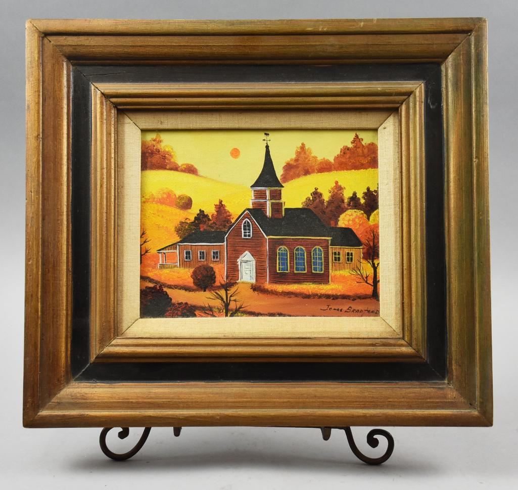 Jonas Bradford 20th Century Amish Folk Artist: This great painting is an original by 20th century artist Jonas Bradford. Little information is available but he is known for his cute folk art paintings. This church is in warm autumnal colors. Frame