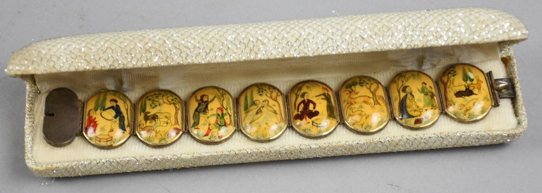 Antique Persian Hand Painted Storyteller Bracelet: This wonderful antique bracelet is Persian. It is hand painted storyteller style with each panel having a different scene. Each scene is painted on what appears to be bone and set in silver. There is