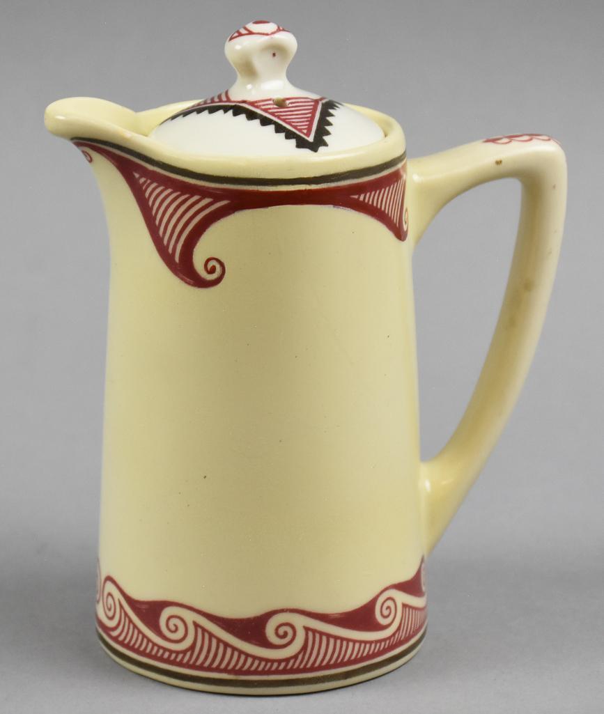 Fred Harvey Santa Fe Ancient Mimbreno Chocolate Pot: This great vintage chocolate pot is from Syracuse China. The pattern is Ancient Mimbreno Indian and was specifically for Santa Fe Railway. This is the original run of this pattern that was used from 1