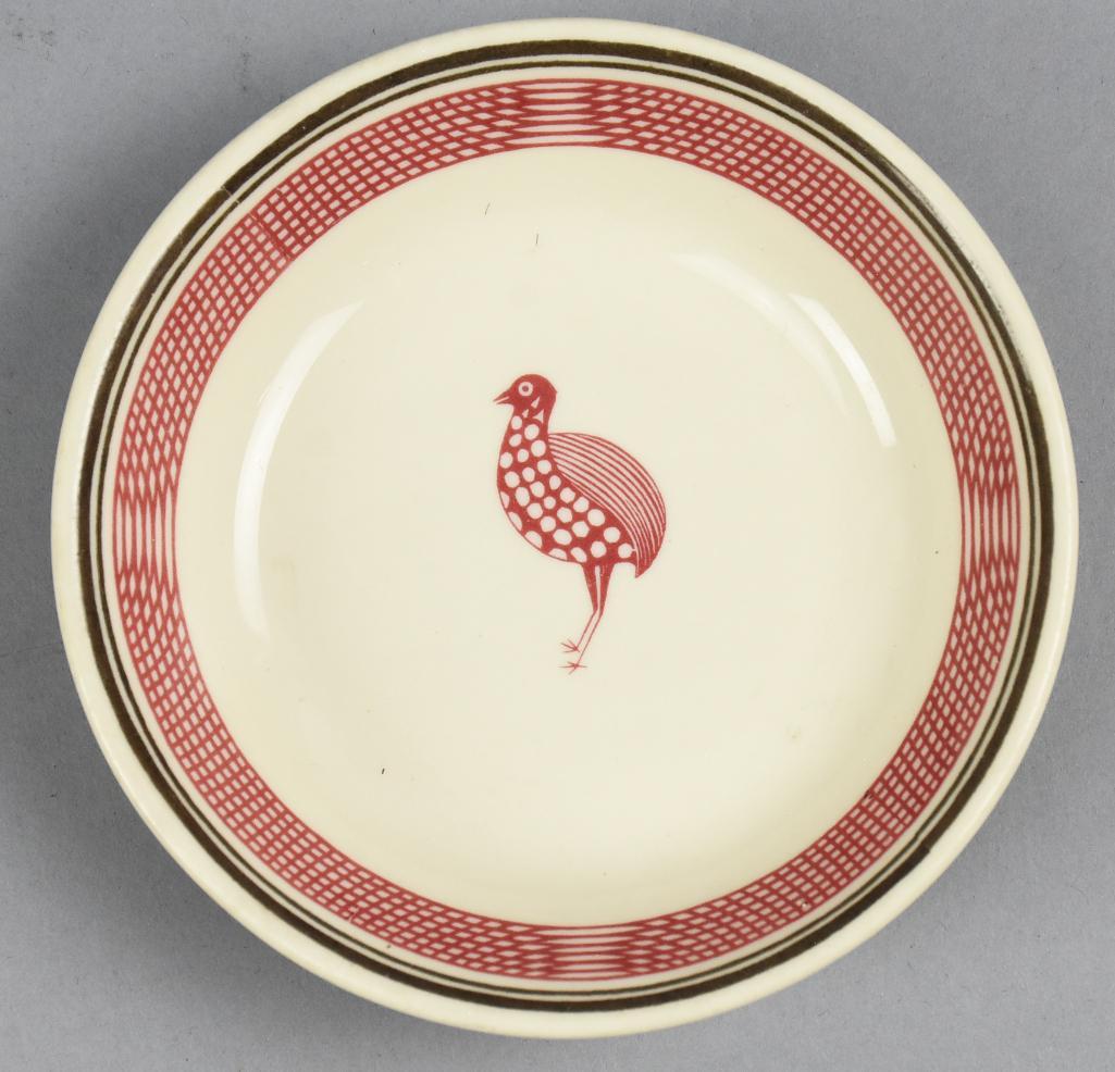 Fred Harvey/AT&SF Ancient Mimbreno Indian Berry Bowl: Pretty berry bowl in teh Ancient Mimbreno Indian pattern. These were created by Syracuse China and has no visible date code. Over the manufacturer mark is all the information about the pattern itself.