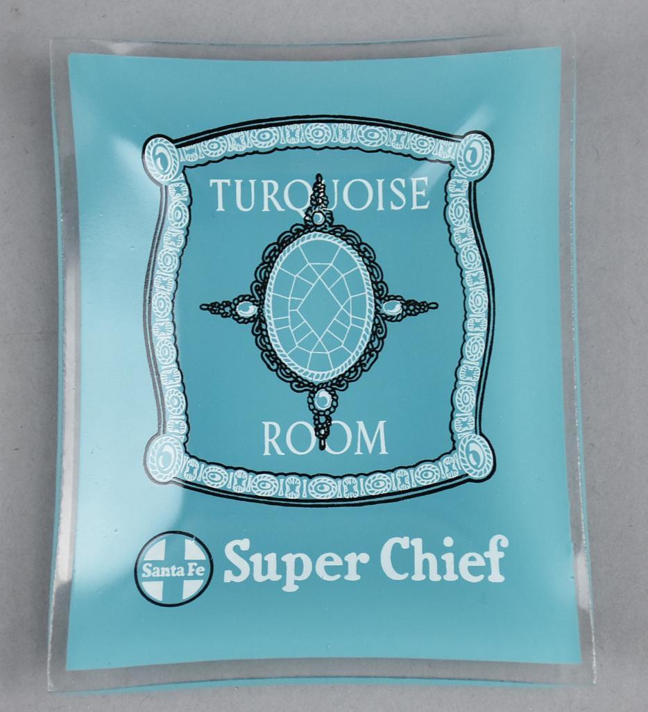 Vintage AT&SF Super Chief Turquoise Room Glass Ashtray: Great looking ashtray for Atchison Topeka & Santa Fe, from the exclusive and private Turquoise Room. Measures 4" x 4.75"