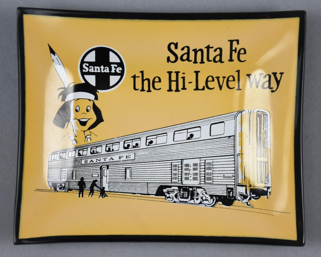Vintage AT&SF Santa Fe the Hi-Level Way Glass Ashtray: This is a cool and not easy to find vintage glass ashtray for Atchison, Topeka and Santa Fe. It is 4" x 4.75" and features Chico.