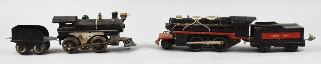 Prewar Ives No. 1100 Lionel Jr 1681E, Locos & Tenders: Wonderful pair of prewar locomotives with their tenders. Lot is the No. 1100 from Ives, tender unmarked and Lionel Jr 1681E with 1661T tender.