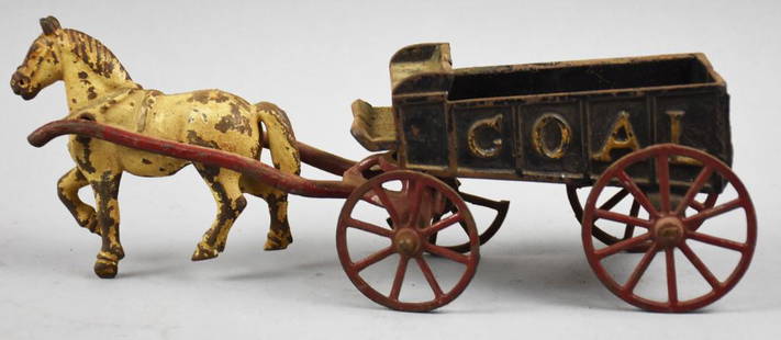 c1890 Kenton Single Horse Drawn Coal Wagon: Very nice antique Kenton Hardware Co who started their toy line with horse drawn fire equipment. This single horse drawn coal wagon is all original and like most Kenton's early toys, unmarked.