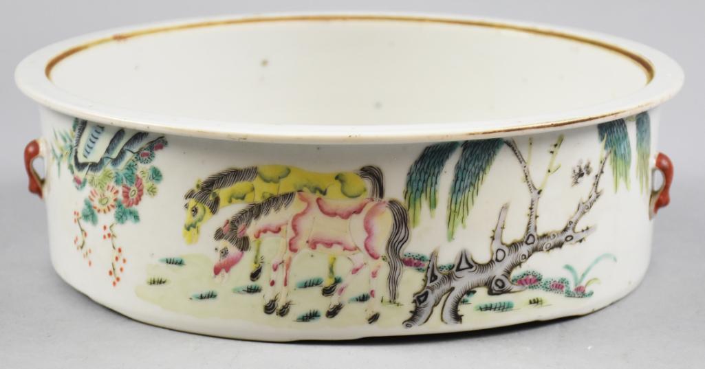 Antique Chinese Famille Rose w/ Horses Low Bowl (1 of 6)