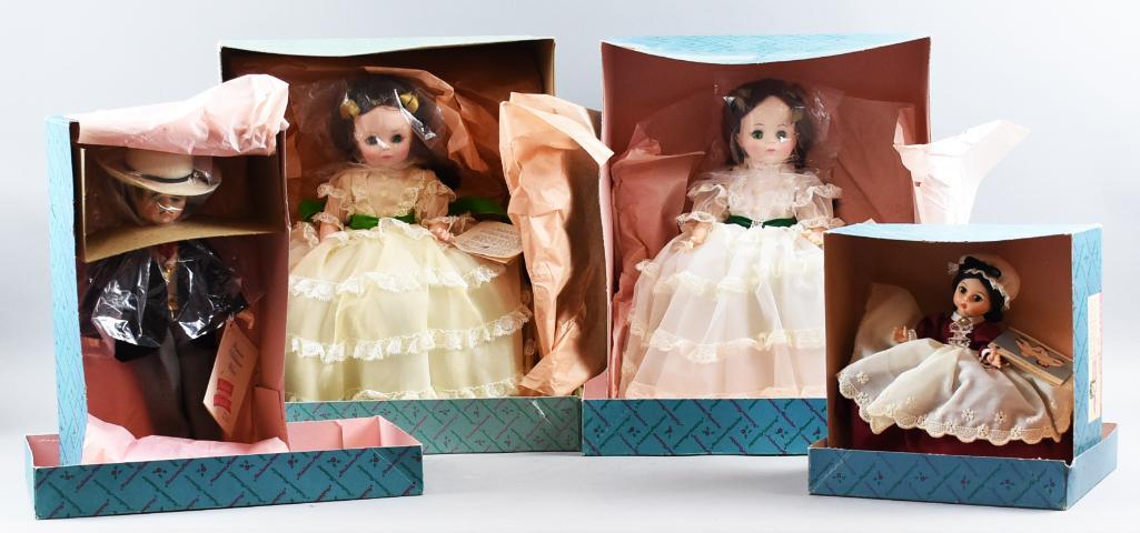 Madame Alexander Gone w/the Wind/Little Women Dolls: Most of these collectible Madame Alexander dolls are Gone with the Wind in their original boxes. Lot is a pair of Scarlett, both number 1590, one with a white dress, one with a pale yellow dress. One