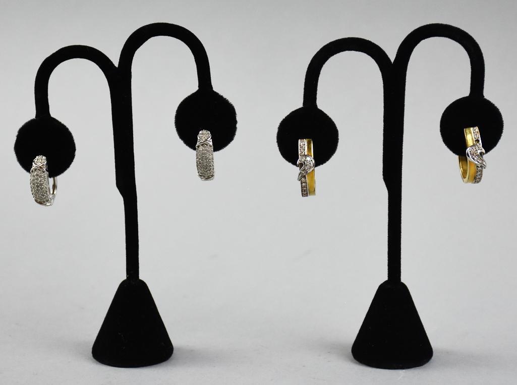 Sterling & Crystal Huggie Earrings: Very pretty sterling and crystal earrings, one pair having gold plating, and both in a nice hoop style.