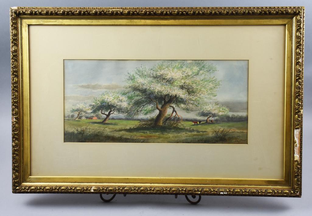 Julius Augustus Beck (American, 1831-1915) Watercolor: This beautiful watercolor is by artist Julius Augustus Beck (1831-1915). This wonderful pastoral scene appears to have been painted on paper. The main feature are these great trees with some cattle an