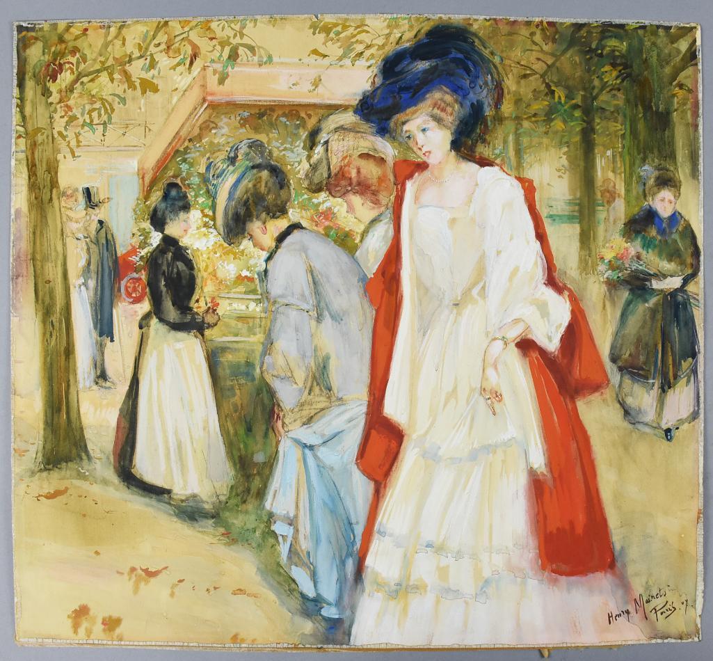 Henry Mairets Paris Watercolor Victorian Ladies: This is a beautiful watercolor painting by artist Henry Mairets. Nice pastel colors highlight Victorian style women in a outdoor market setting. Signed in lower right and measures 18" x 20"