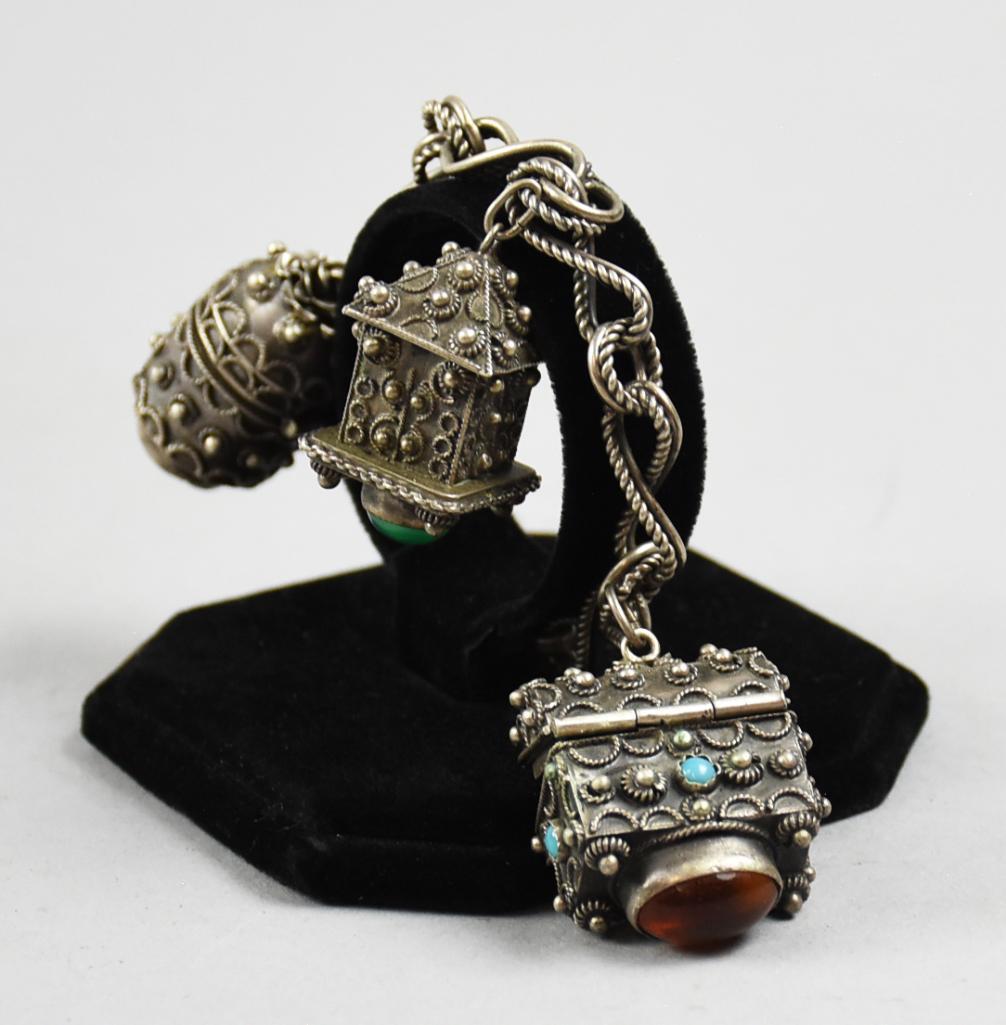 Antique Etruscan 800 Silver, Gemstone Charm Bracelet (1 of 5)