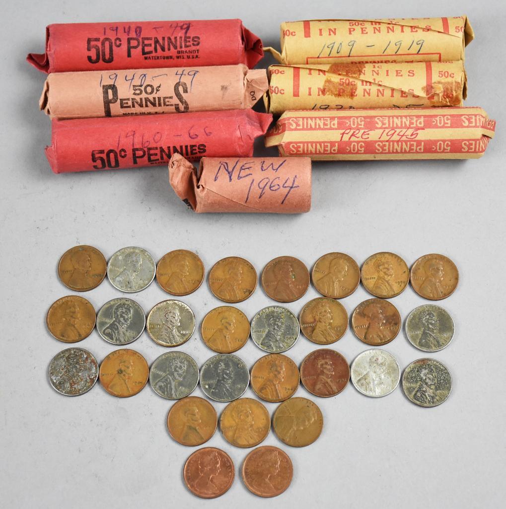 1909-1966 Unsorted Penny Rolls, Wheat, Steel: There are 29 loose pennies and 6 rolls that appear to be full and one partial roll, all unsorted. Lot includes wheat and steel as shown loose. The rolls are unsorted so who knows what you'll find!