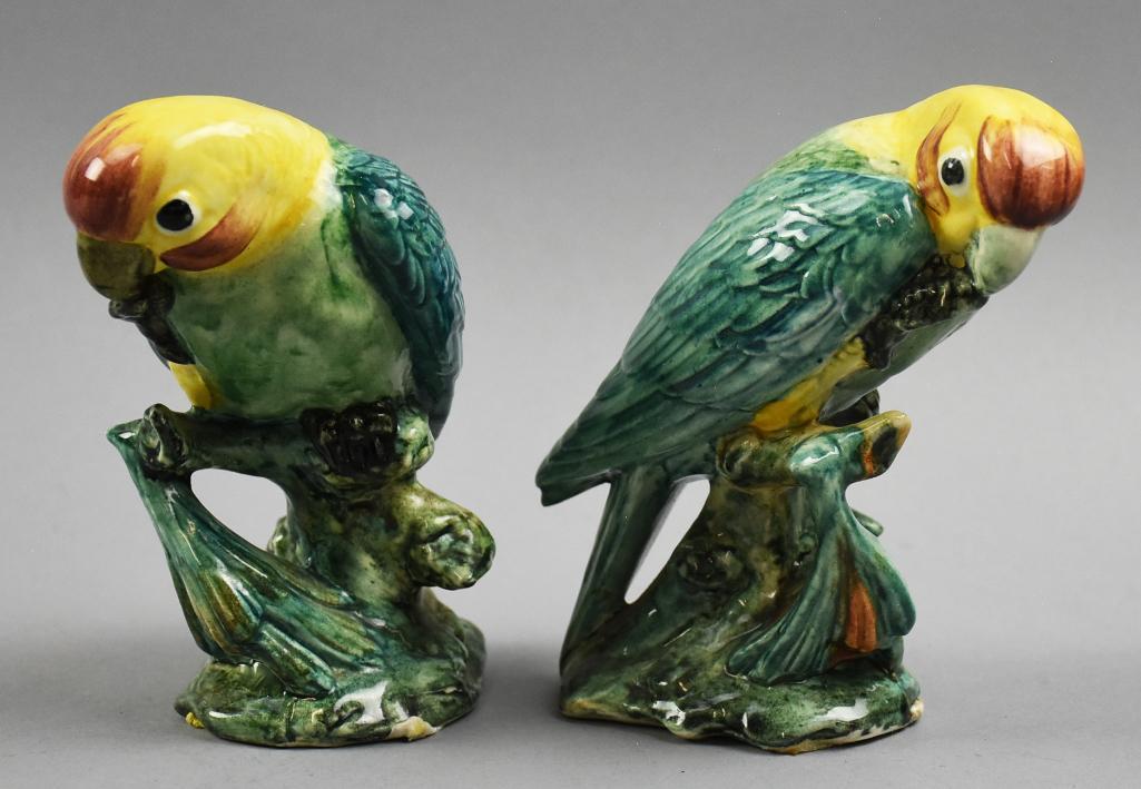 c1930 Stangl Pottery Birds - Carolina Parakeets: Fun series of birds from Stangl Pottery. With the reemergence of interest in John James Audubon Birds of America, Stangl answered the call with these wonderfully detailed birds. These beauties are cal