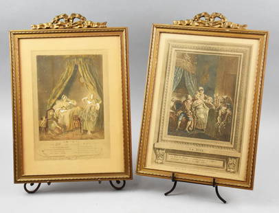 18th C French Engravings, After Eisen & Freudenberger: These are beautiful antique engravings imported from France. Each is from a different artist, one by Antoine Louis Romanet after an Sigmund Freudenberger called Le Lever (Get Up) with a poem about hav
