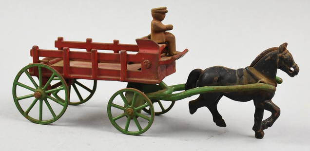 c1890 Kenton Single Horse Drawn Cart w/ Rider: This is a great piece from Kenton Hardware Co. It is a single horse drawn slat cart with rider is cast iron. Paint appears to be original and mostly present.