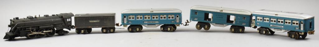 Prewar Lionel 1666E Locomotive, Tender & Passenger Cars: Great set of Lionel Lines. Set is a No. 1666E Locomotive with tender that has no visible marks. Includes a No. 600 Pullman, No. 601 Observation and a No. 602 Baggage in comet blue.