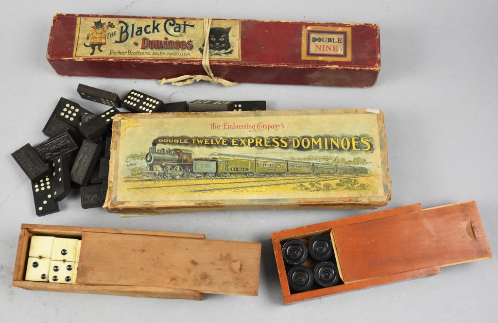 Antique/Vintage Dominos & Board Game Pieces: Beautiful antique and vintage dominos and one set of board game pieces. Lot is one box of Double Twelve Express from The Embossing Company, wooden dominoes with locomotives embossed, Double Nine Black